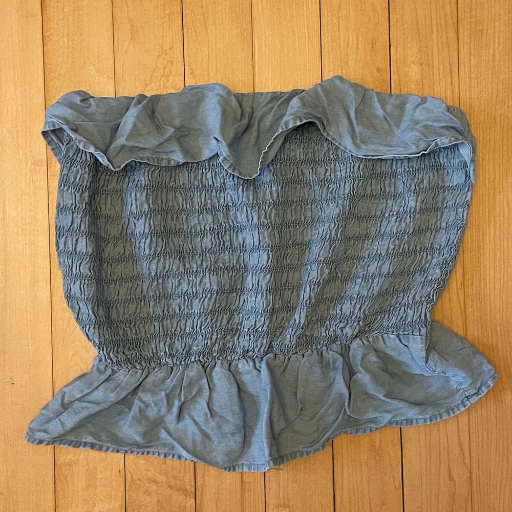 Denim Chambray Strapless Frilly Crop Top